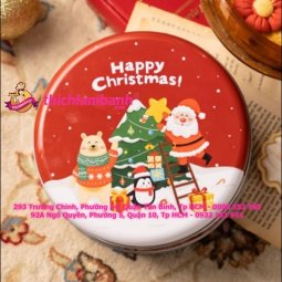 Hộp thiếc tròn Giáng sinh happy